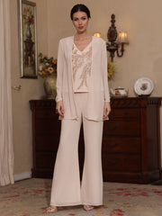 3 Pieces V-Neck Chiffon Mother of the Bride Pantsuits with Jacket Sequins Ankle-Length Long Sleeves