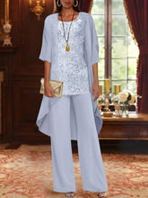 3 Pieces Suit Chiffon Mother of the Bride Pantsuits with Jacket Scoop 3/4 Sleeves Ankle Length Lace