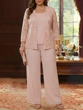 3 Pieces Scoop Chiffon Plus Size Mother of the Bride Pantsuits with Jacket Lace Ankle-Length Long Sleeves