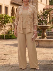 3 Pieces Suit Scoop Chiffon Lace Plus Size Mother of the Bride Pantsuits with Jacket Floral Floor-Length 3/4 Sleeves