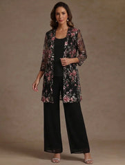 3 Pieces Suit Scoop Chiffon Mother of the Bride Pantsuits with Jacket Floral 3/4 Sleeves Ankle-Length