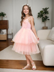 A-line Tulle Knee-length Pearl Pink Dress