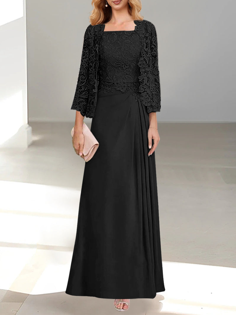 2 Pieces A-Line/Princess Scoop Floor-Length Mother of the Bride Dresses with Pleated & Lace Appliques