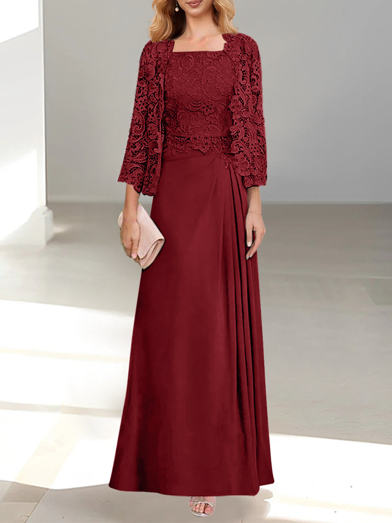 2 Pieces A-Line/Princess Scoop Floor-Length Mother of the Bride Dresses with Pleated & Lace Appliques