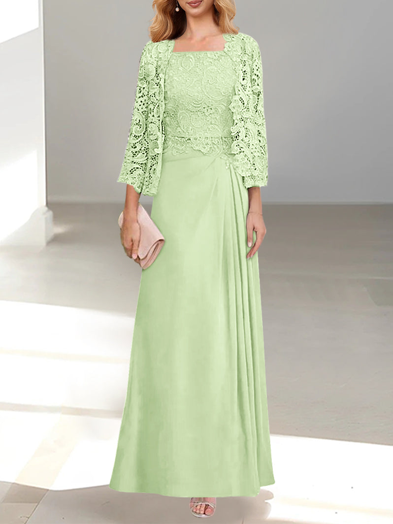 2 Pieces A-Line/Princess Scoop Floor-Length Mother of the Bride Dresses with Pleated & Lace Appliques