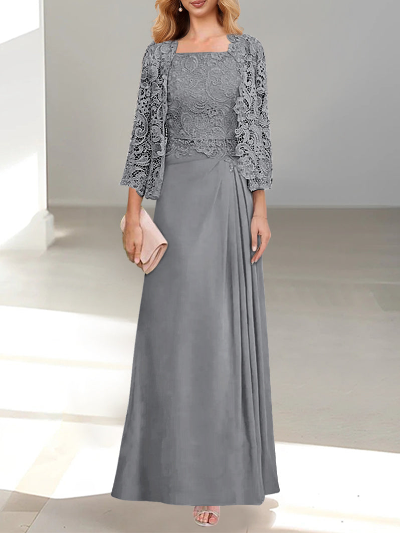 2 Pieces A-Line/Princess Scoop Floor-Length Mother of the Bride Dresses with Pleated & Lace Appliques