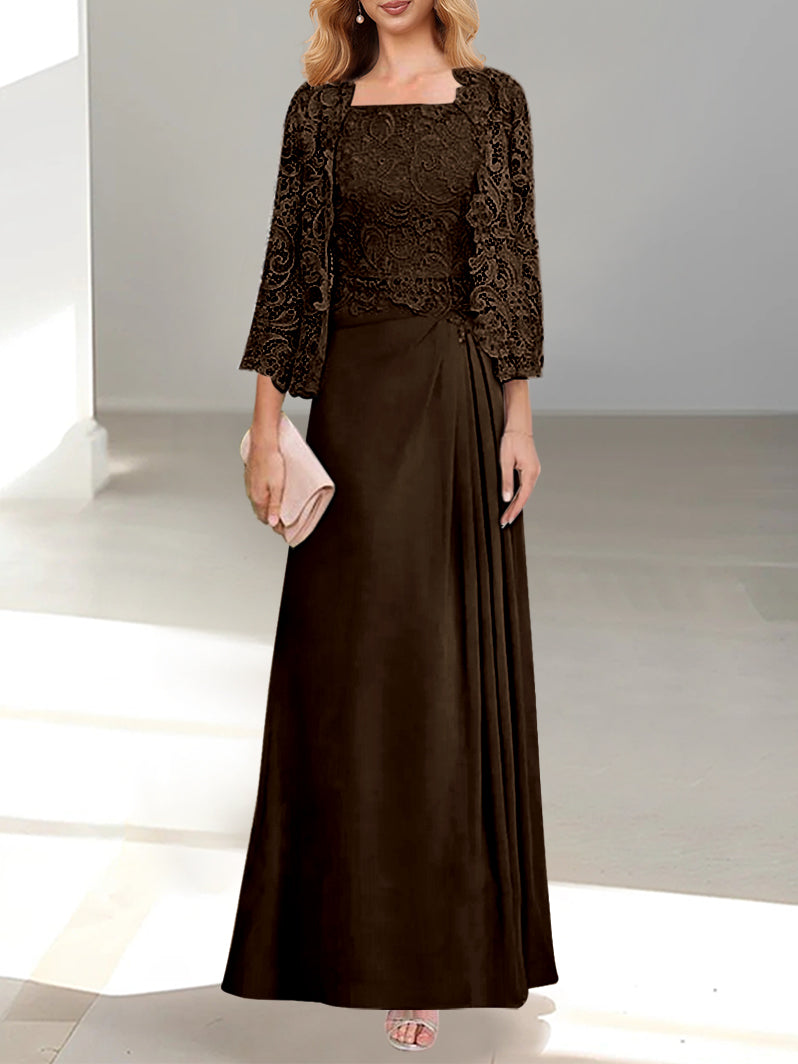 2 Pieces A-Line/Princess Scoop Floor-Length Mother of the Bride Dresses with Pleated & Lace Appliques