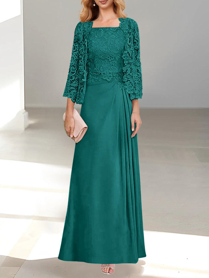 2 Pieces A-Line/Princess Scoop Floor-Length Mother of the Bride Dresses with Pleated & Lace Appliques