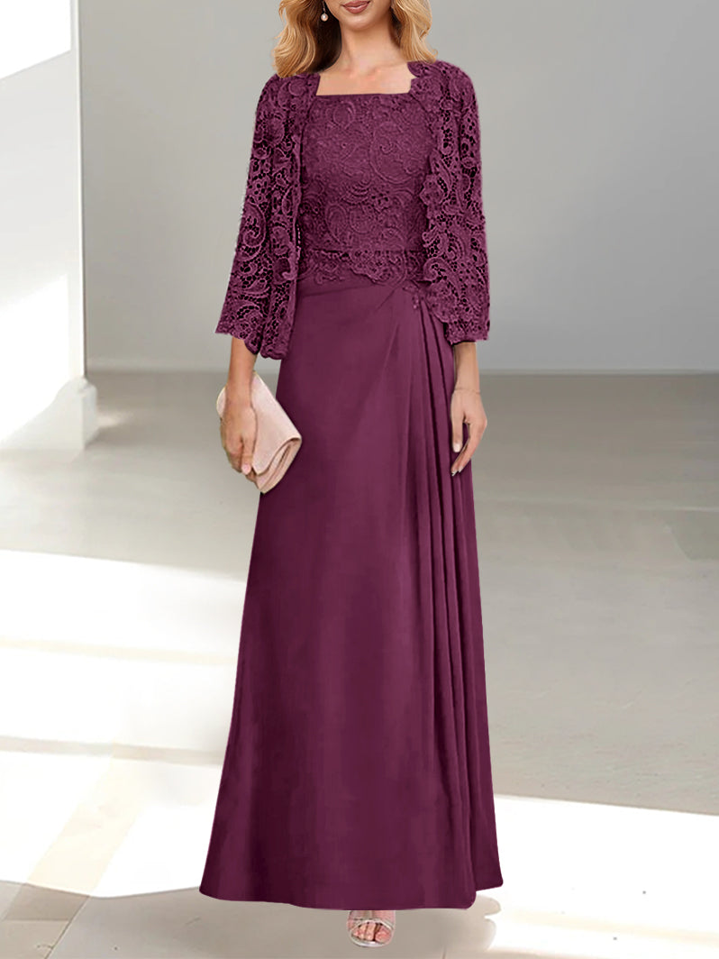 2 Pieces A-Line/Princess Scoop Floor-Length Mother of the Bride Dresses with Pleated & Lace Appliques