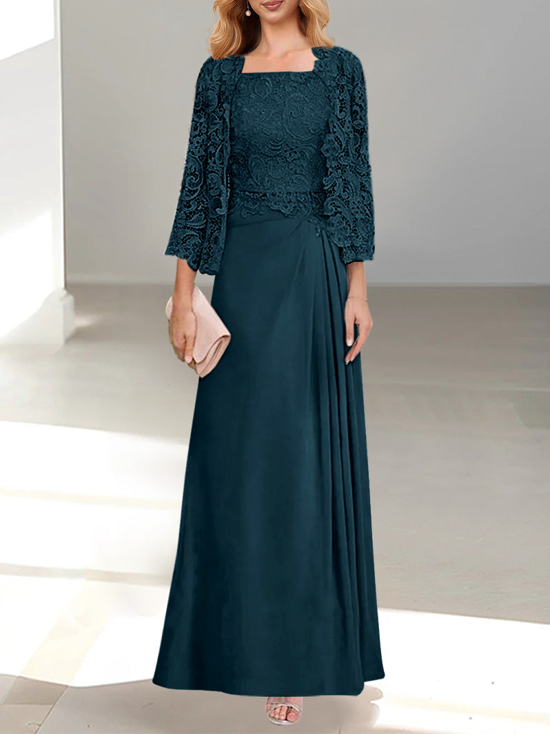 2 Pieces A-Line/Princess Scoop Floor-Length Mother of the Bride Dresses with Pleated & Lace Appliques