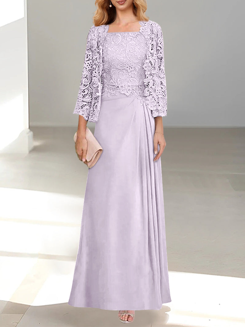 2 Pieces A-Line/Princess Scoop Floor-Length Mother of the Bride Dresses with Pleated & Lace Appliques