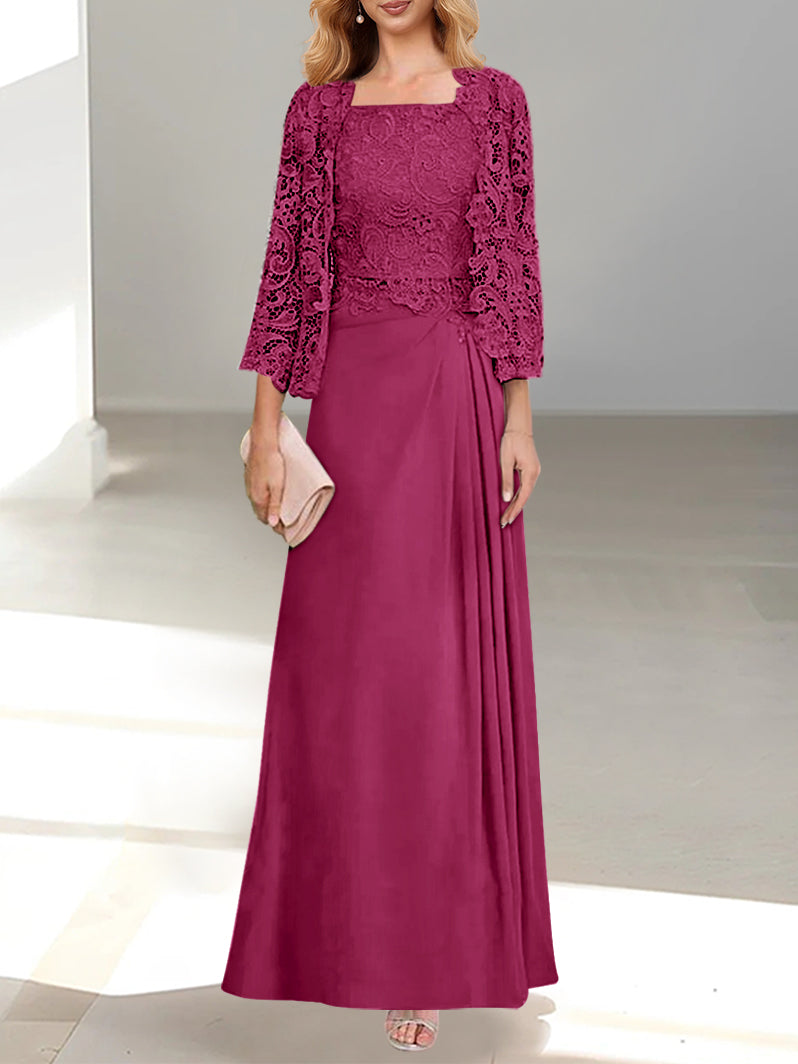 2 Pieces A-Line/Princess Scoop Floor-Length Mother of the Bride Dresses with Pleated & Lace Appliques