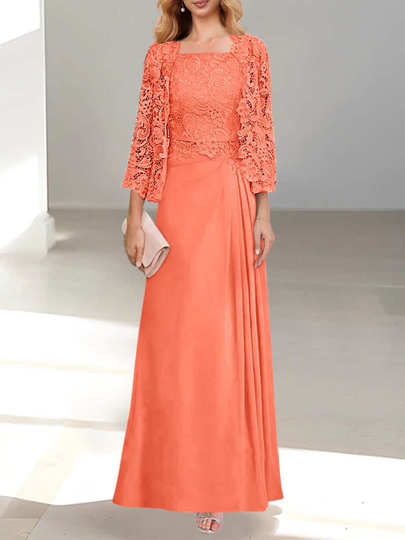 2 Pieces A-Line/Princess Scoop Floor-Length Mother of the Bride Dresses with Pleated & Lace Appliques