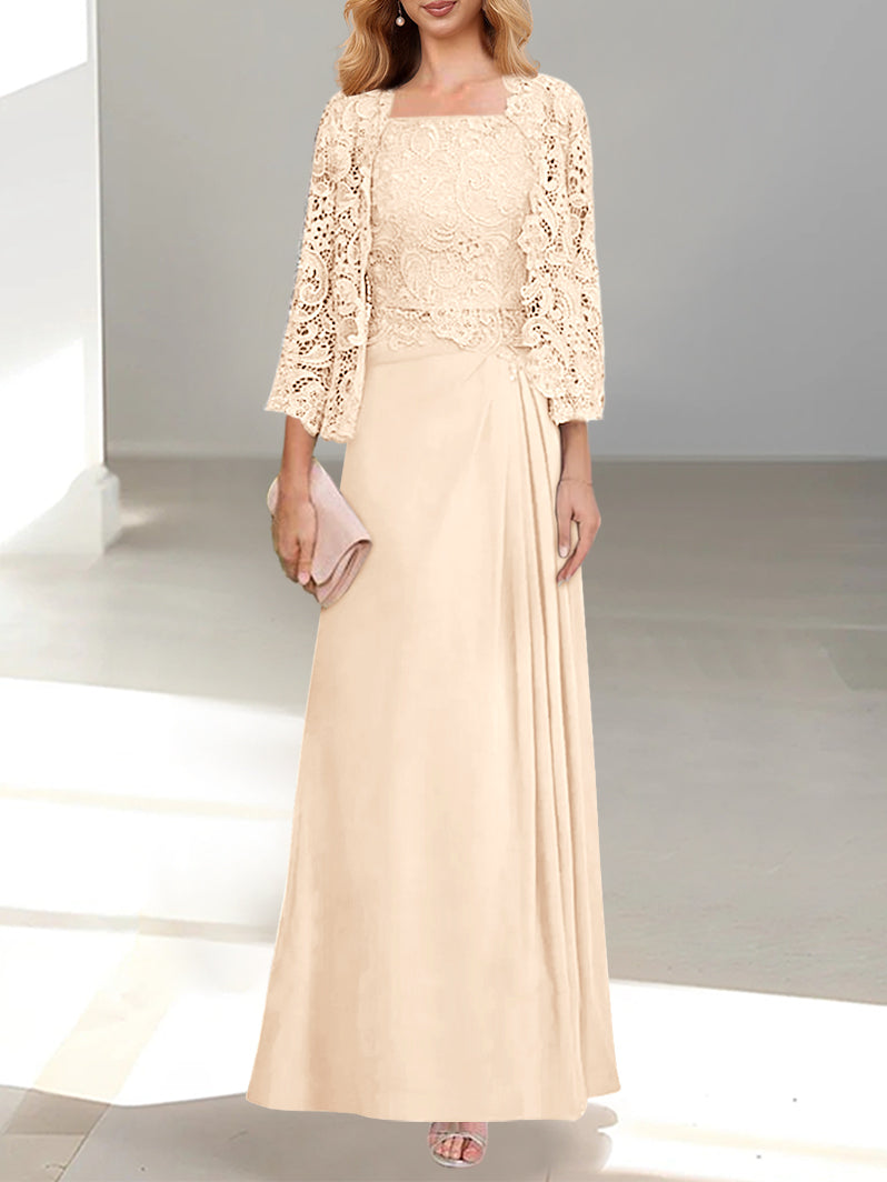 2 Pieces A-Line/Princess Scoop Floor-Length Mother of the Bride Dresses with Pleated & Lace Appliques