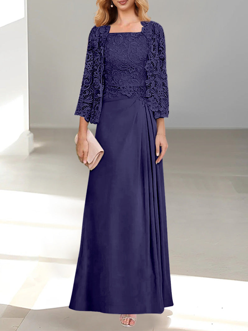 2 Pieces A-Line/Princess Scoop Floor-Length Mother of the Bride Dresses with Pleated & Lace Appliques