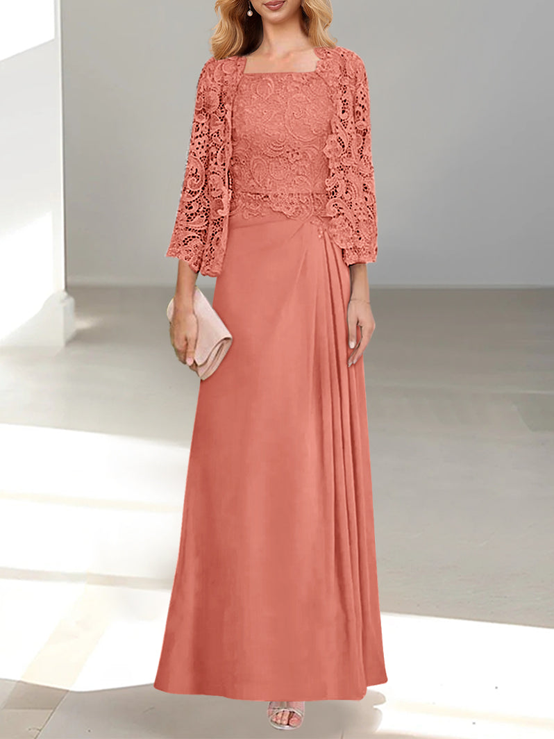 2 Pieces A-Line/Princess Scoop Floor-Length Mother of the Bride Dresses with Pleated & Lace Appliques