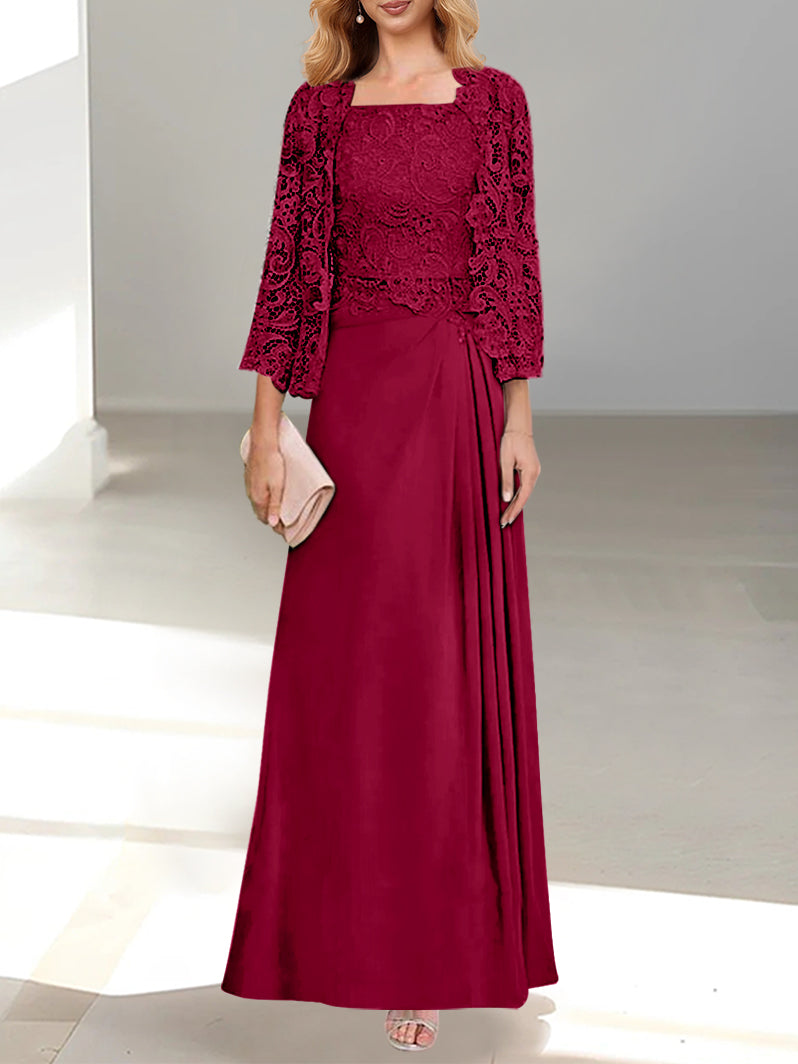 2 Pieces A-Line/Princess Scoop Floor-Length Mother of the Bride Dresses with Pleated & Lace Appliques
