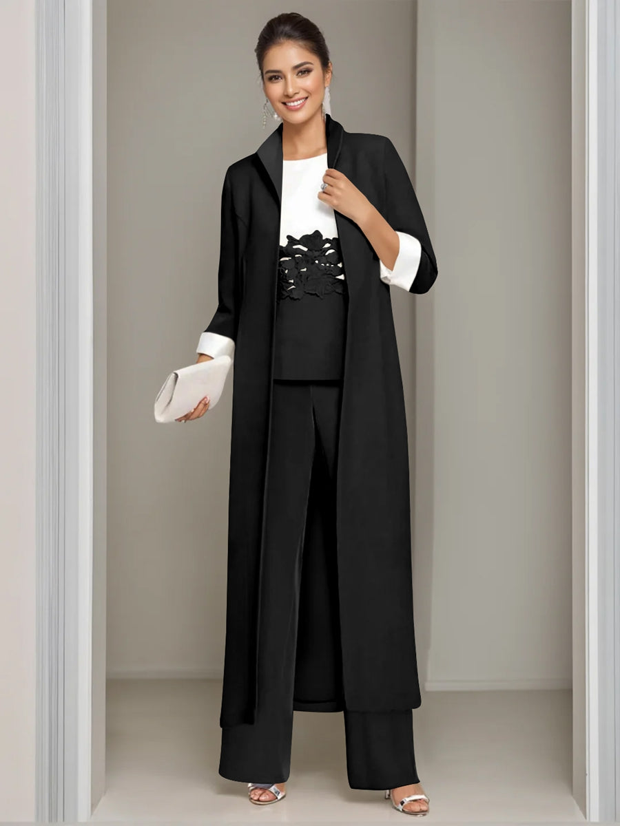 3 Pieces Square-Neck Ankle Length Mother of the Bride Pantsuits with Jacket & Appliques Lace