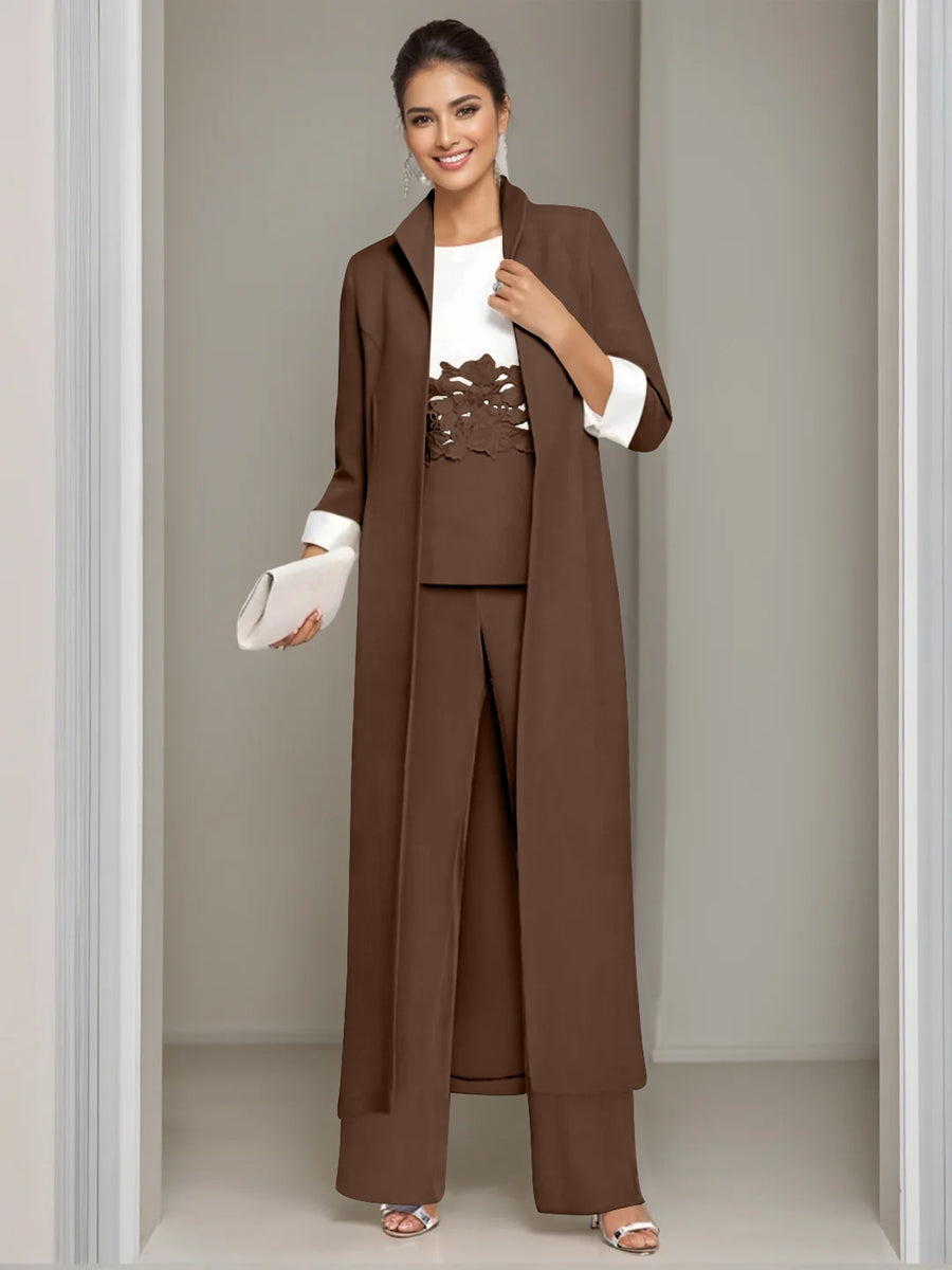 3 Pieces Square-Neck Ankle Length Mother of the Bride Pantsuits with Jacket & Appliques Lace