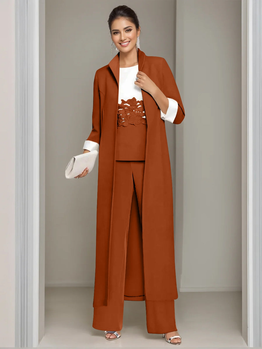 3 Pieces Square-Neck Ankle Length Mother of the Bride Pantsuits with Jacket & Appliques Lace