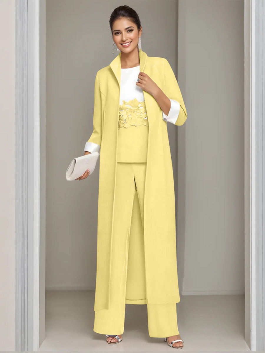 3 Pieces Square-Neck Ankle Length Mother of the Bride Pantsuits with Jacket & Appliques Lace