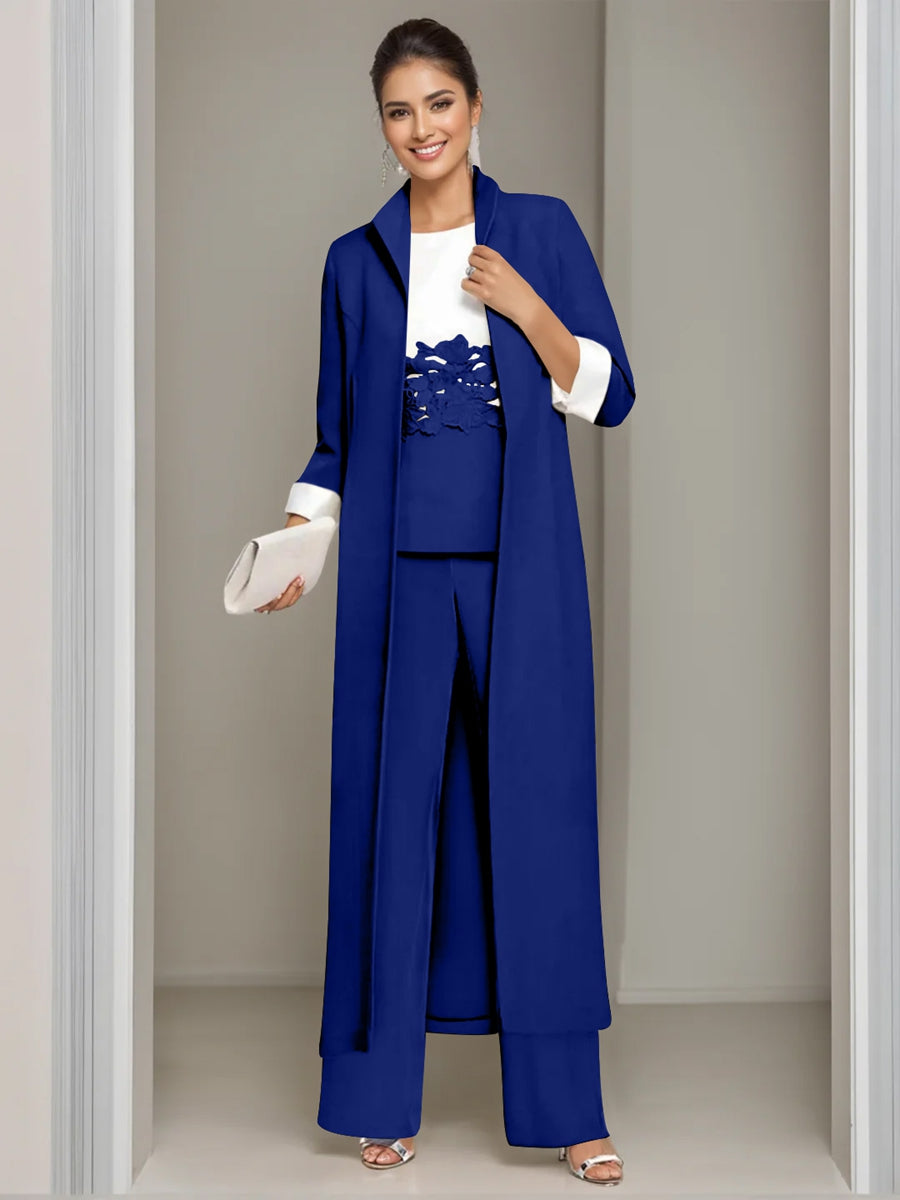 3 Pieces Square-Neck Ankle Length Mother of the Bride Pantsuits with Jacket & Appliques Lace