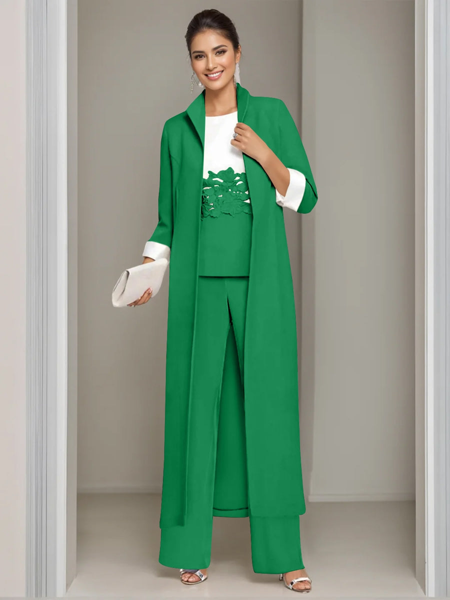 3 Pieces Square-Neck Ankle Length Mother of the Bride Pantsuits with Jacket & Appliques Lace