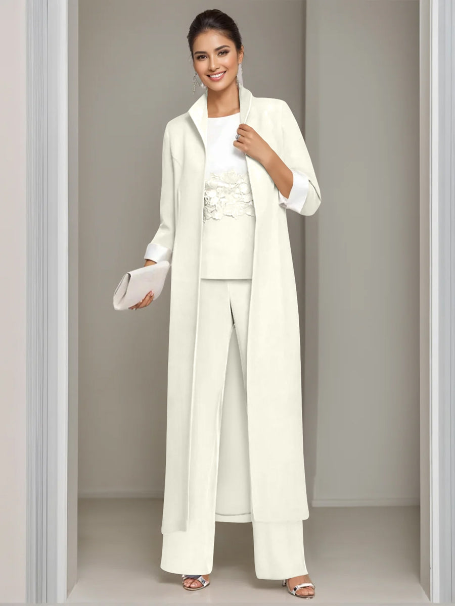 3 Pieces Square-Neck Ankle Length Mother of the Bride Pantsuits with Jacket & Appliques Lace