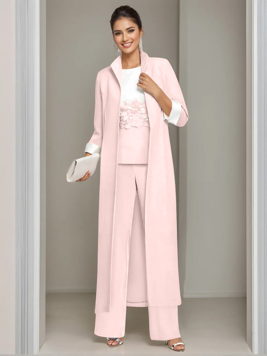 3 Pieces Square-Neck Ankle Length Mother of the Bride Pantsuits with Jacket & Appliques Lace