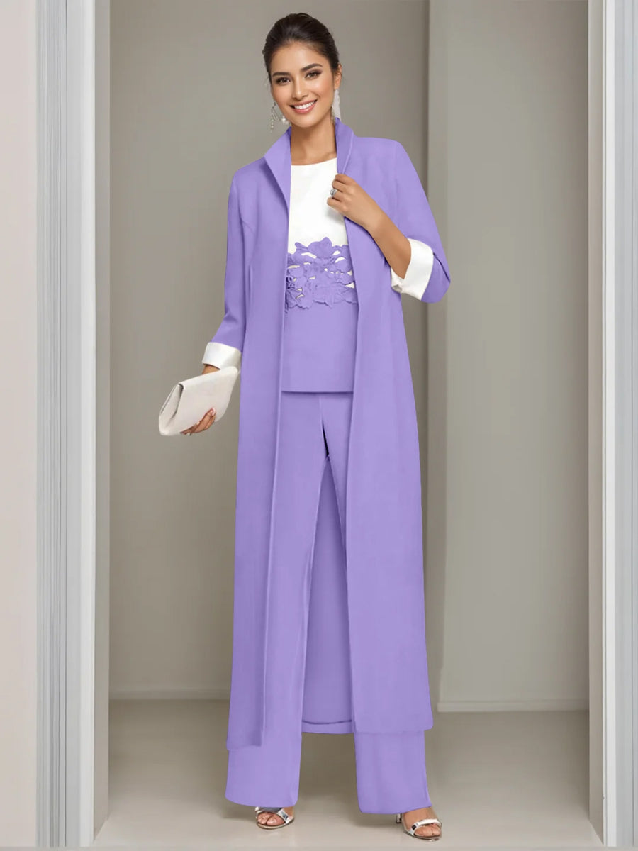 3 Pieces Square-Neck Ankle Length Mother of the Bride Pantsuits with Jacket & Appliques Lace