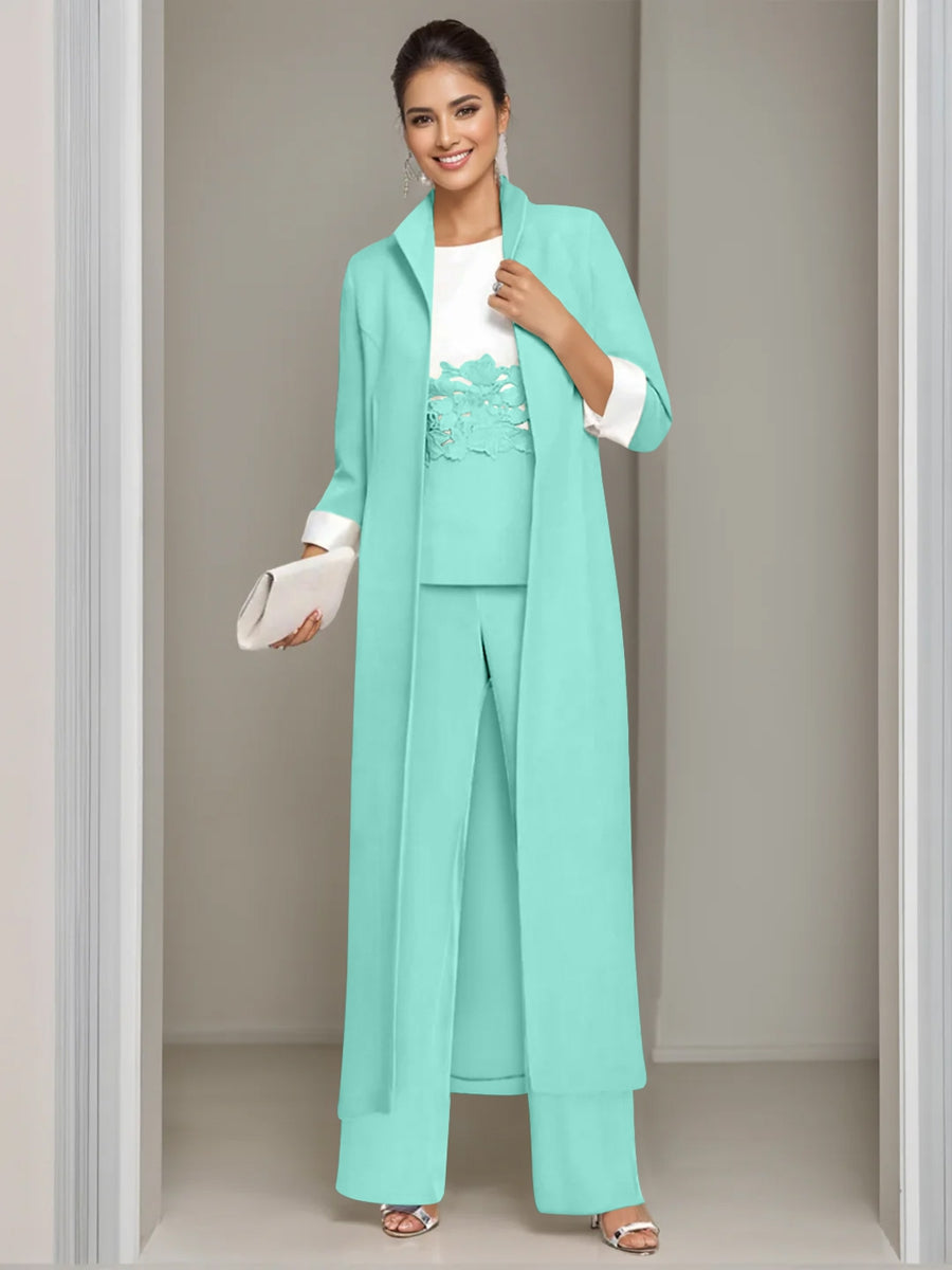 3 Pieces Square-Neck Ankle Length Mother of the Bride Pantsuits with Jacket & Appliques Lace