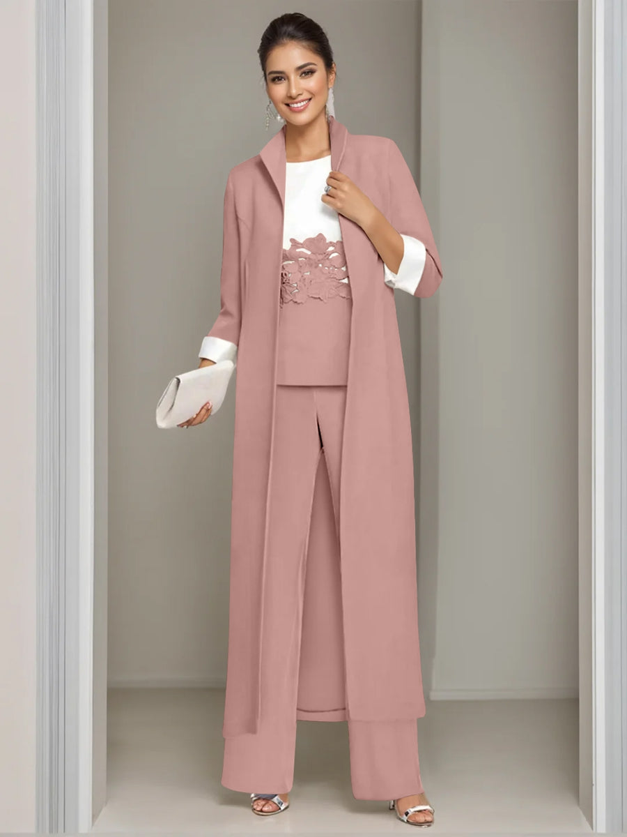 3 Pieces Square-Neck Ankle Length Mother of the Bride Pantsuits with Jacket & Appliques Lace