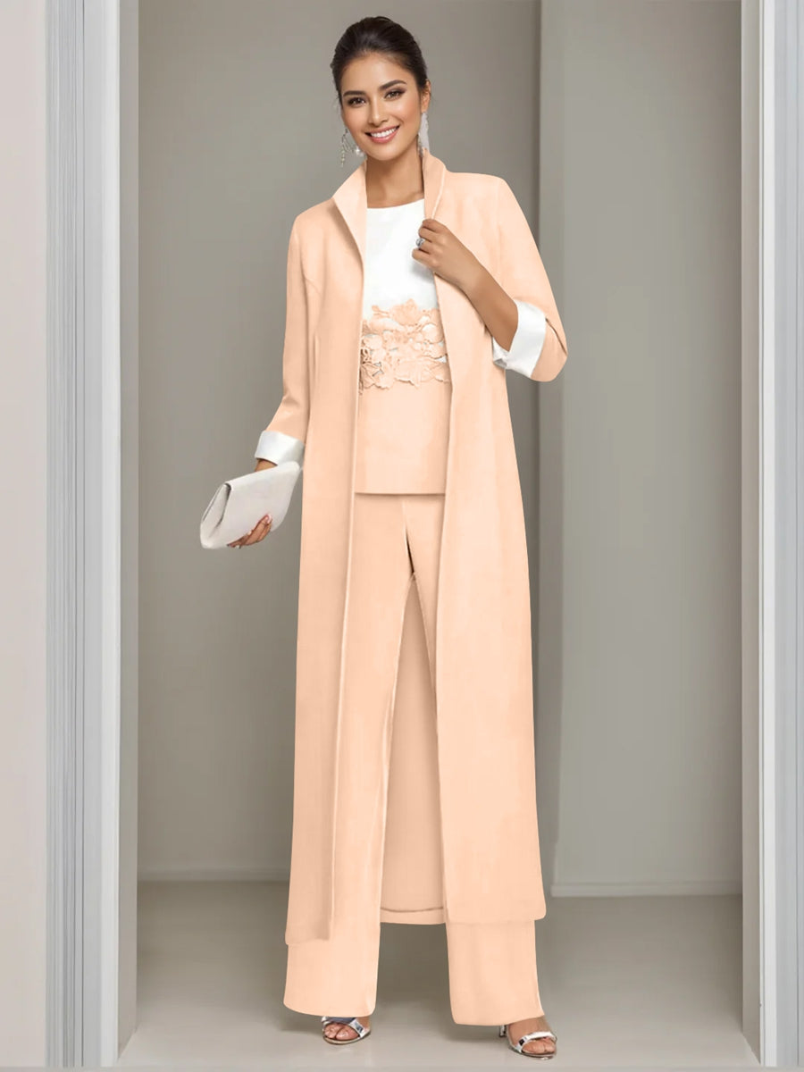 3 Pieces Square-Neck Ankle Length Mother of the Bride Pantsuits with Jacket & Appliques Lace