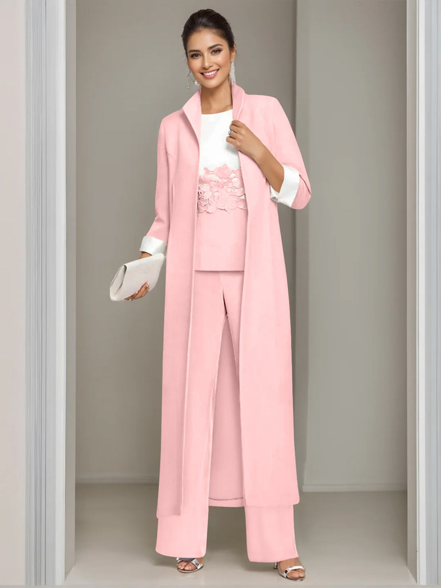 3 Pieces Square-Neck Ankle Length Mother of the Bride Pantsuits with Jacket & Appliques Lace