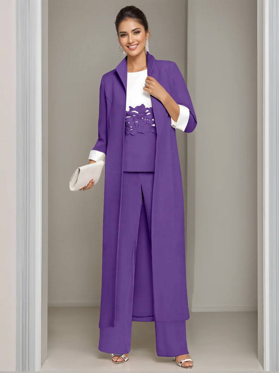 3 Pieces Square-Neck Ankle Length Mother of the Bride Pantsuits with Jacket & Appliques Lace