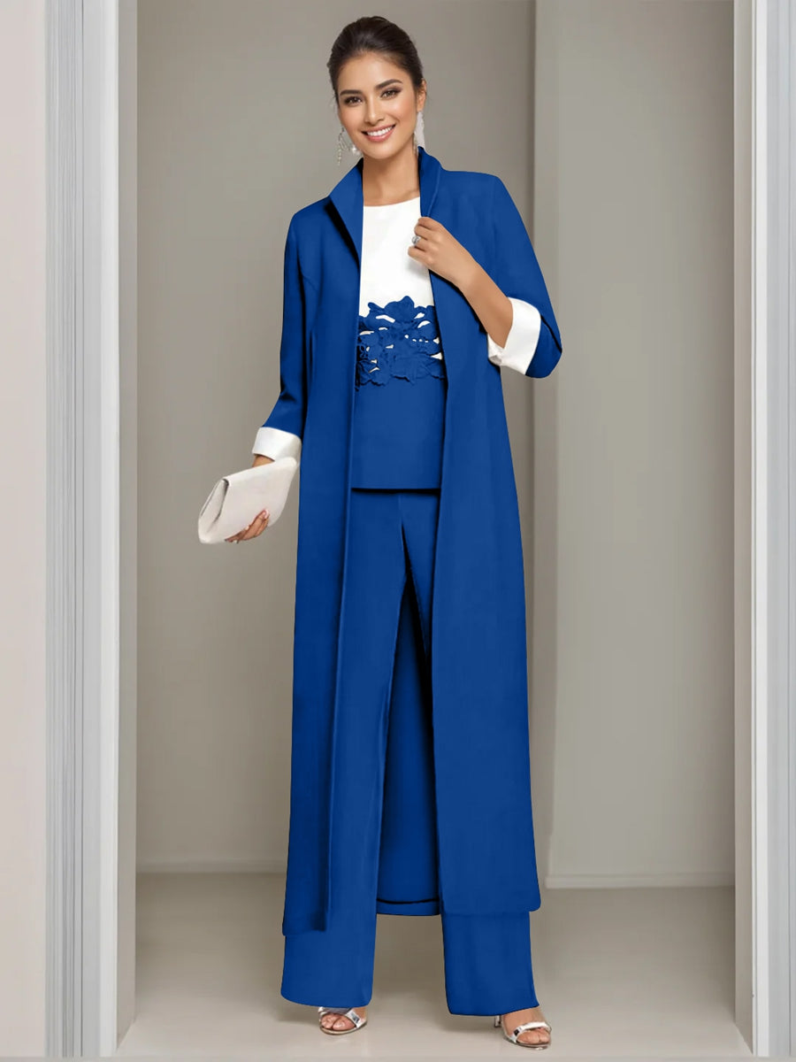 3 Pieces Square-Neck Ankle Length Mother of the Bride Pantsuits with Jacket & Appliques Lace