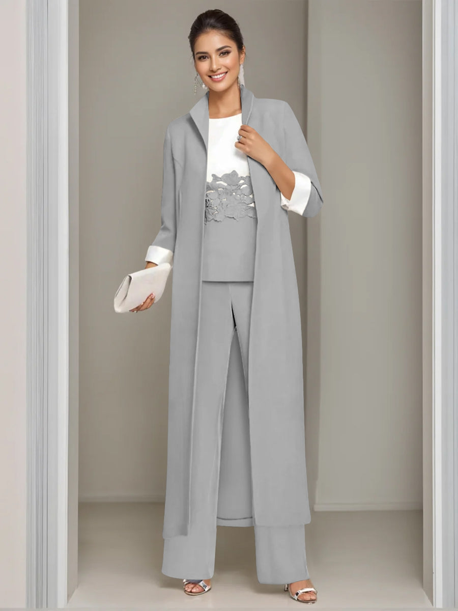 3 Pieces Square-Neck Ankle Length Mother of the Bride Pantsuits with Jacket & Appliques Lace