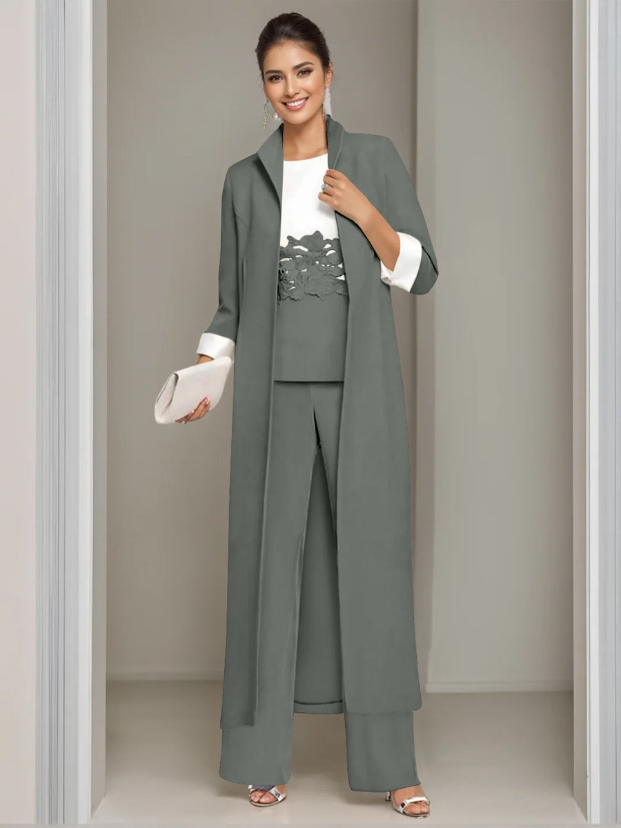 3 Pieces Square-Neck Ankle Length Mother of the Bride Pantsuits with Jacket & Appliques Lace