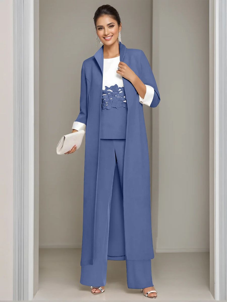 3 Pieces Square-Neck Ankle Length Mother of the Bride Pantsuits with Jacket & Appliques Lace