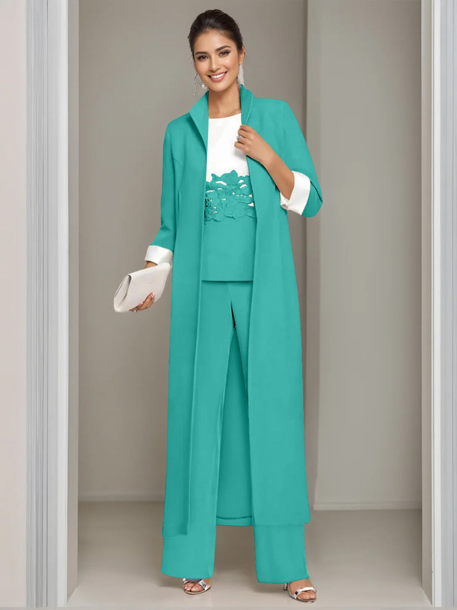 3 Pieces Square-Neck Ankle Length Mother of the Bride Pantsuits with Jacket & Appliques Lace