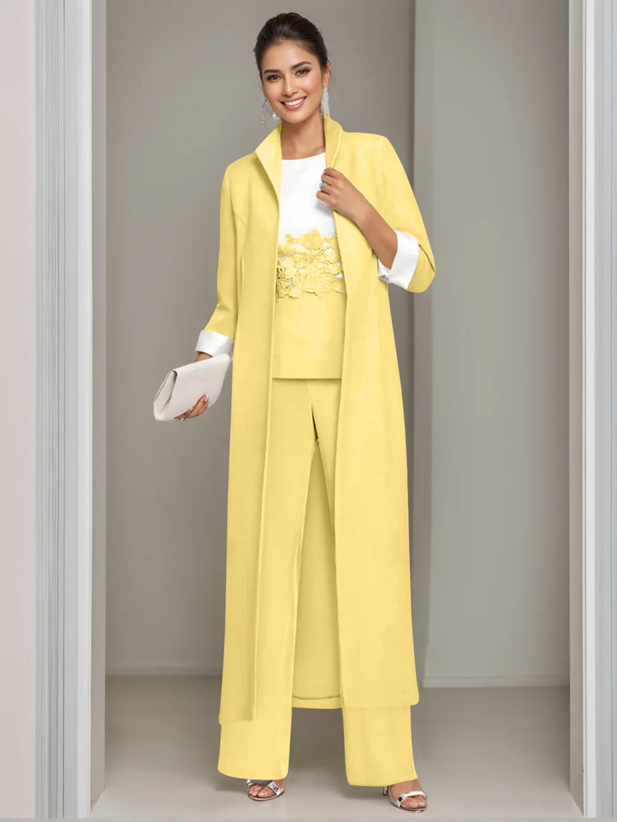 3 Pieces Square-Neck Ankle Length Mother of the Bride Pantsuits with Jacket & Appliques Lace