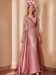 A Line/Princess V-Neck 3/4 LengthSleeves Floor-Length Mother of the Bride Dresses withPleats, Ruching & Ruched