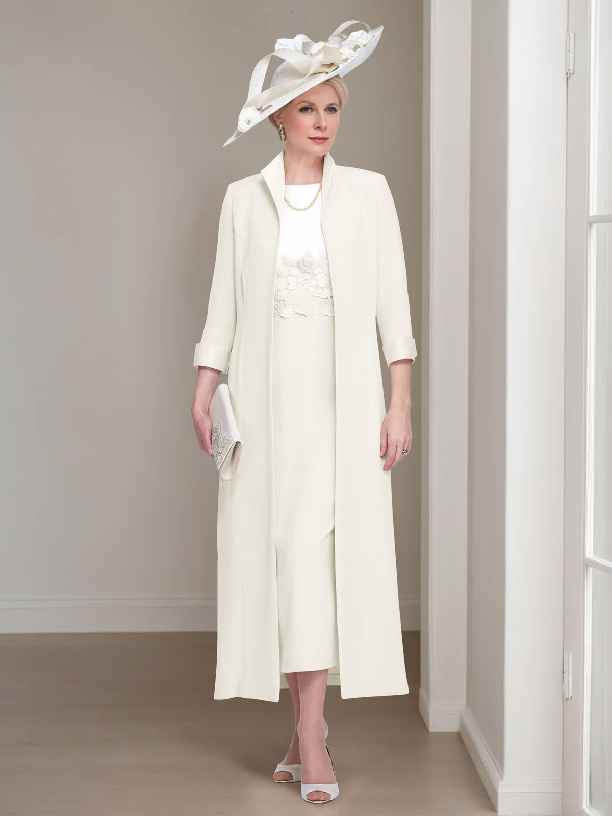 2 Pieces Round Neck Tea-Length Mother of the Bride Dresses with Jacket & Lace Appliques
