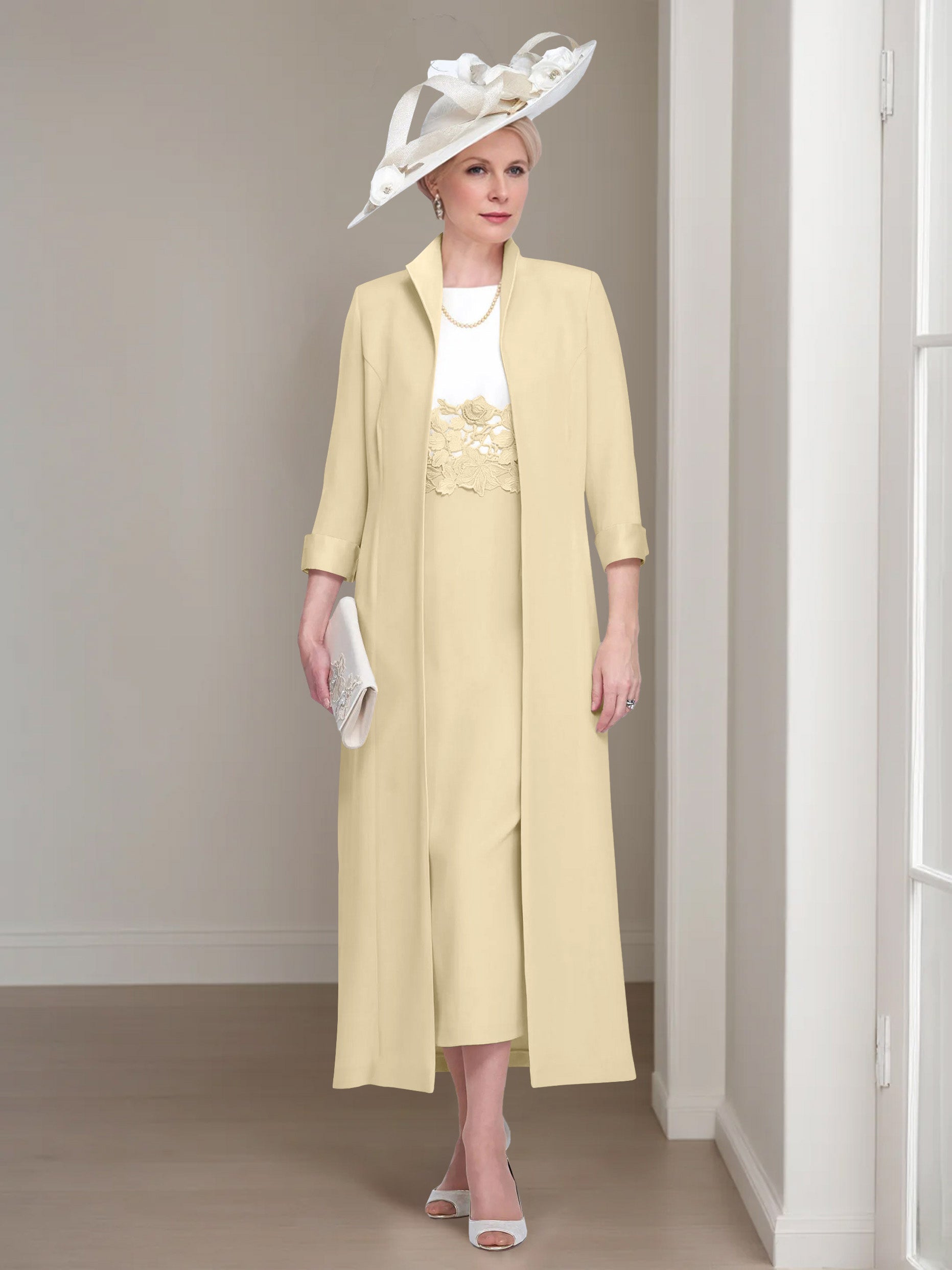 2 Pieces Round Neck Tea-Length Mother of the Bride Dresses with Jacket & Lace Appliques