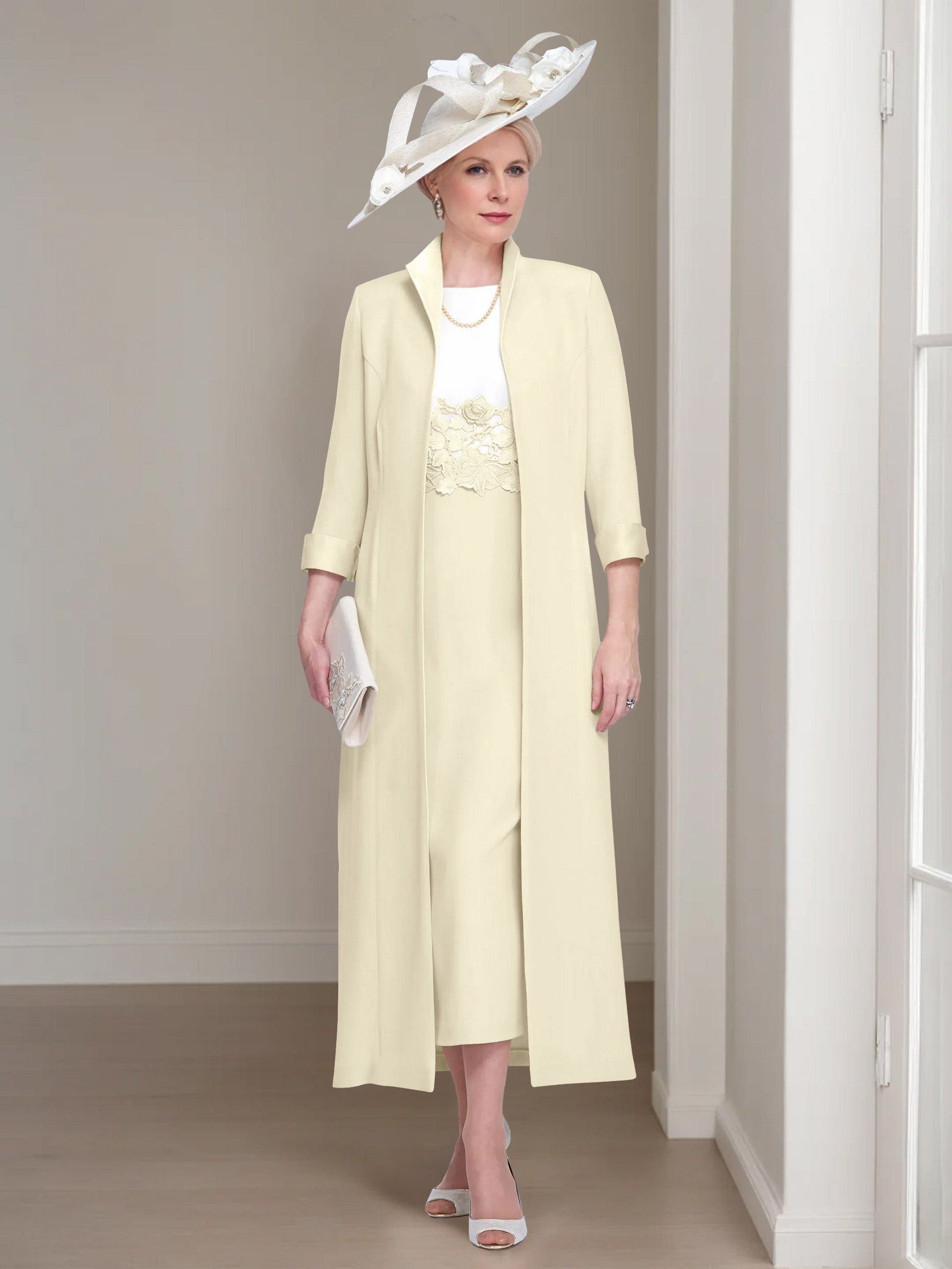 2 Pieces Round Neck Tea-Length Mother of the Bride Dresses with Jacket & Lace Appliques