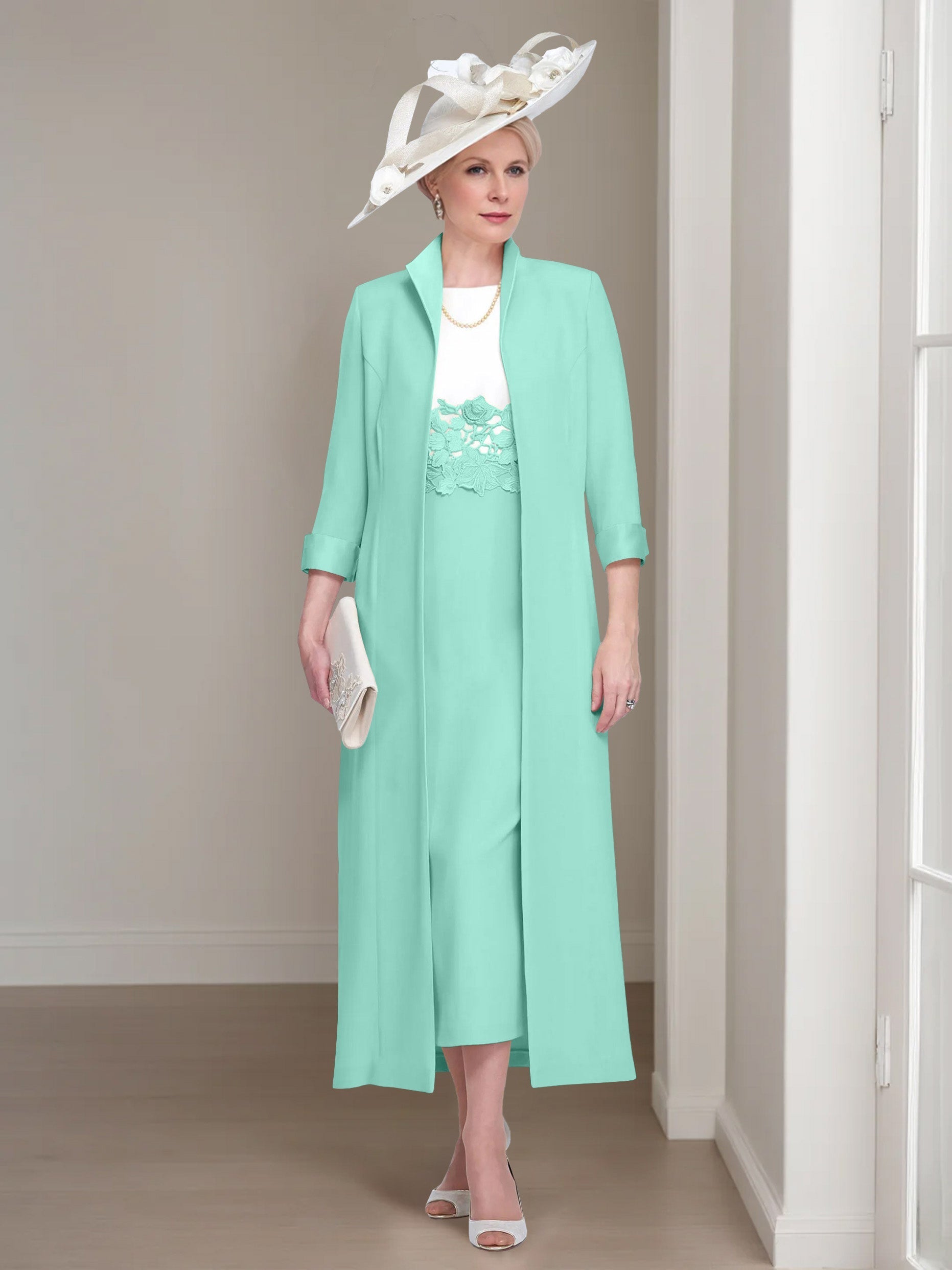 2 Pieces Round Neck Tea-Length Mother of the Bride Dresses with Jacket & Lace Appliques