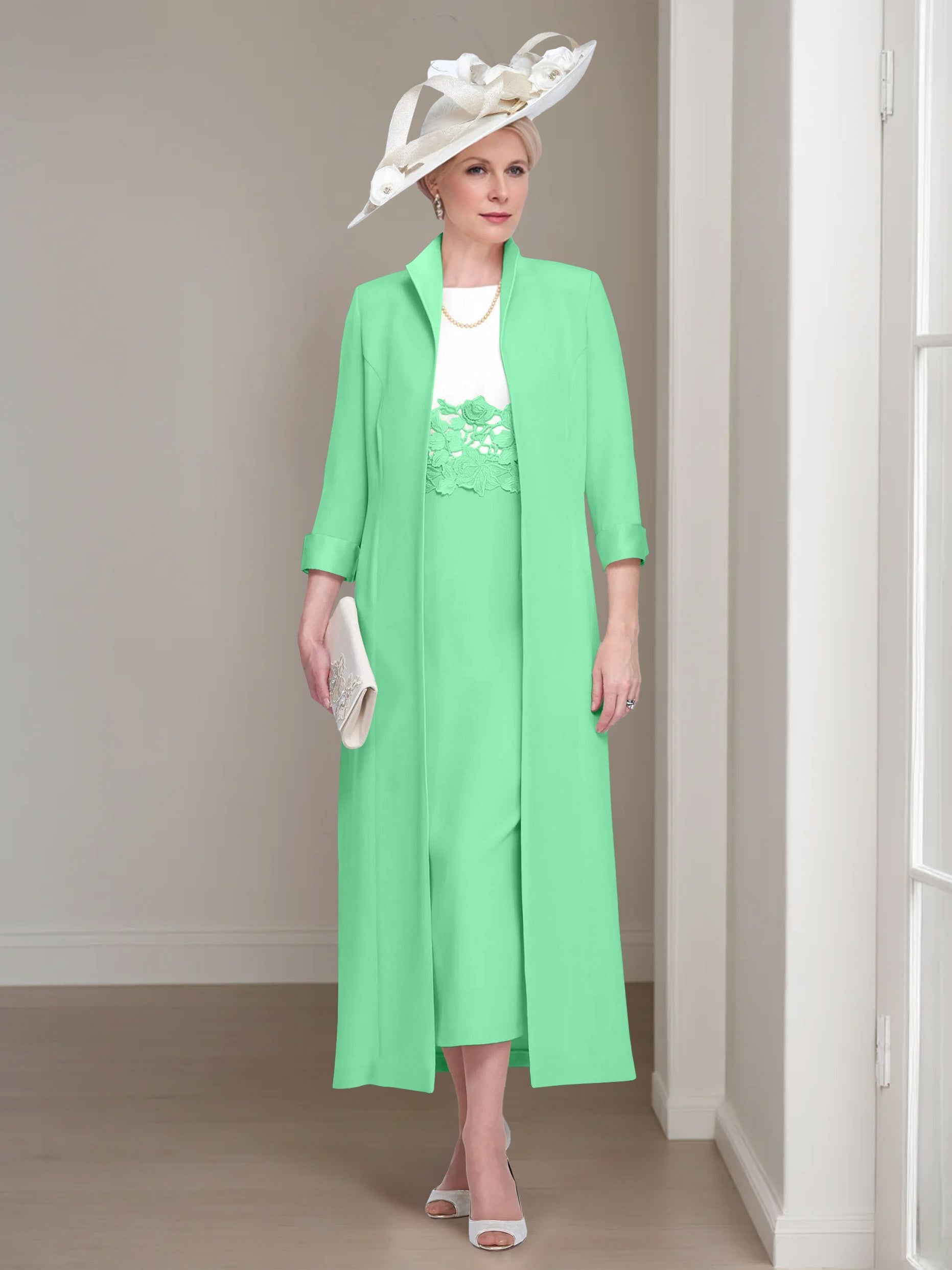 2 Pieces Round Neck Tea-Length Mother of the Bride Dresses with Jacket & Lace Appliques