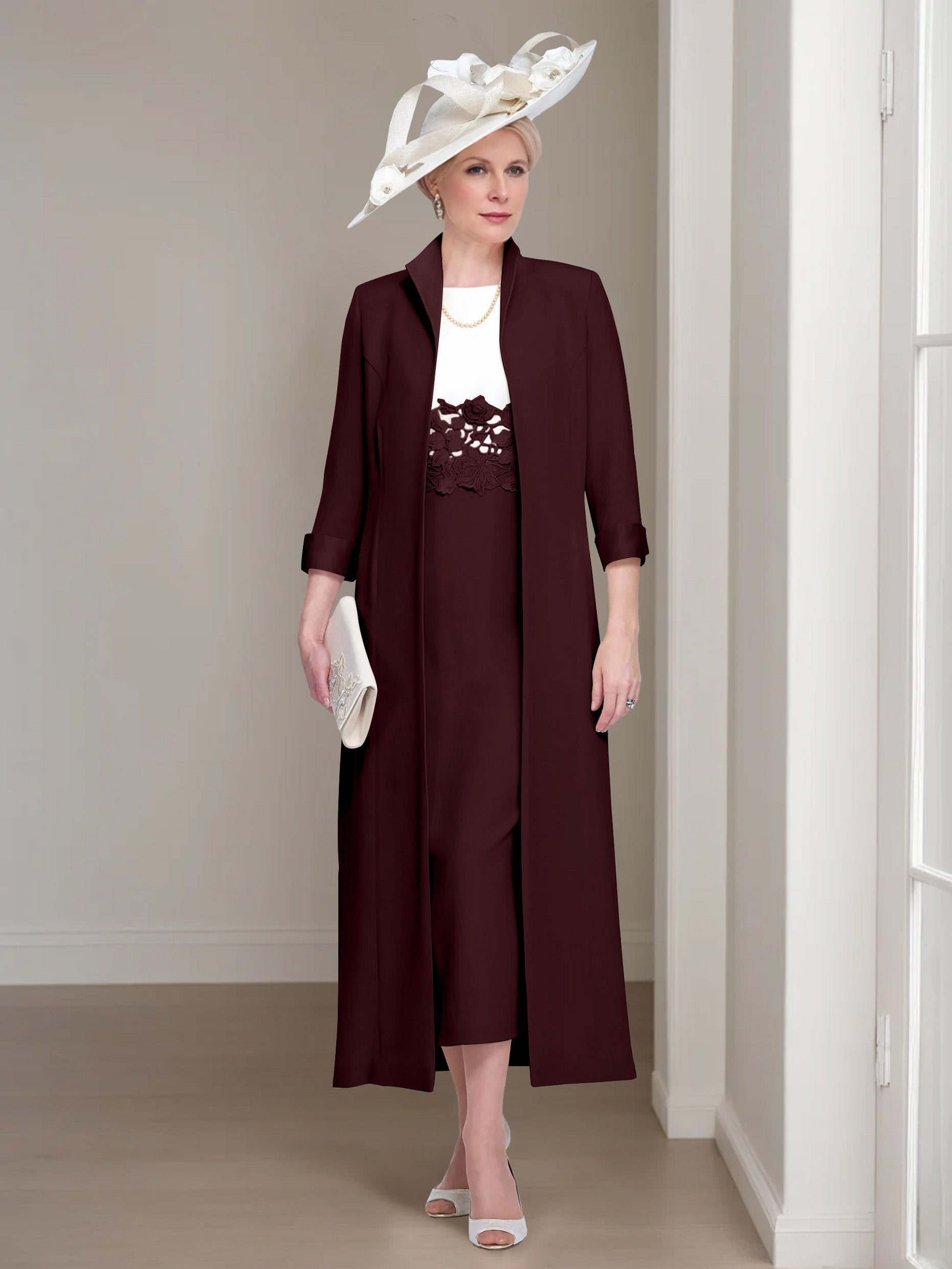 2 Pieces Round Neck Tea-Length Mother of the Bride Dresses with Jacket & Lace Appliques