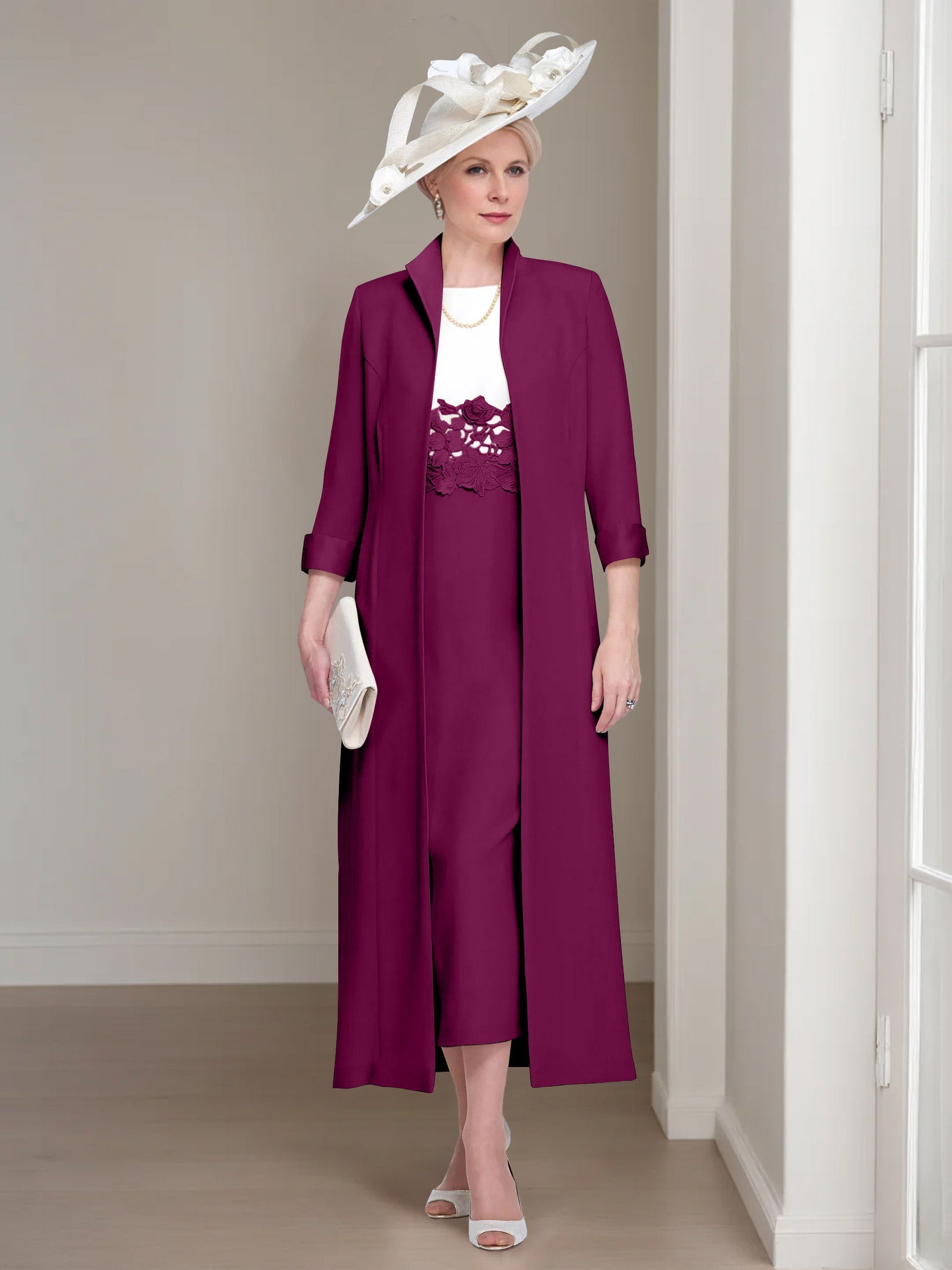 2 Pieces Round Neck Tea-Length Mother of the Bride Dresses with Jacket & Lace Appliques