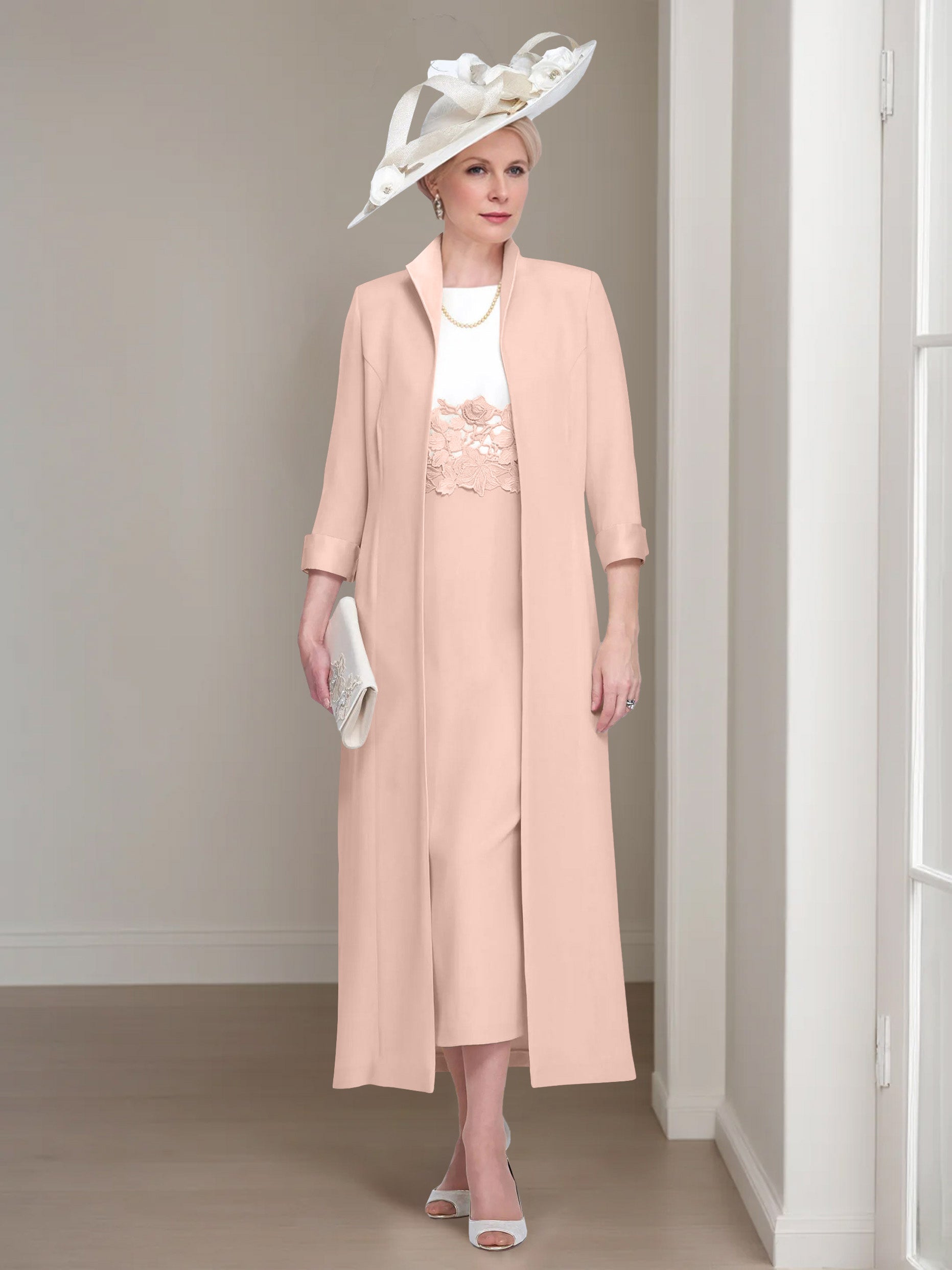2 Pieces Round Neck Tea-Length Mother of the Bride Dresses with Jacket & Lace Appliques